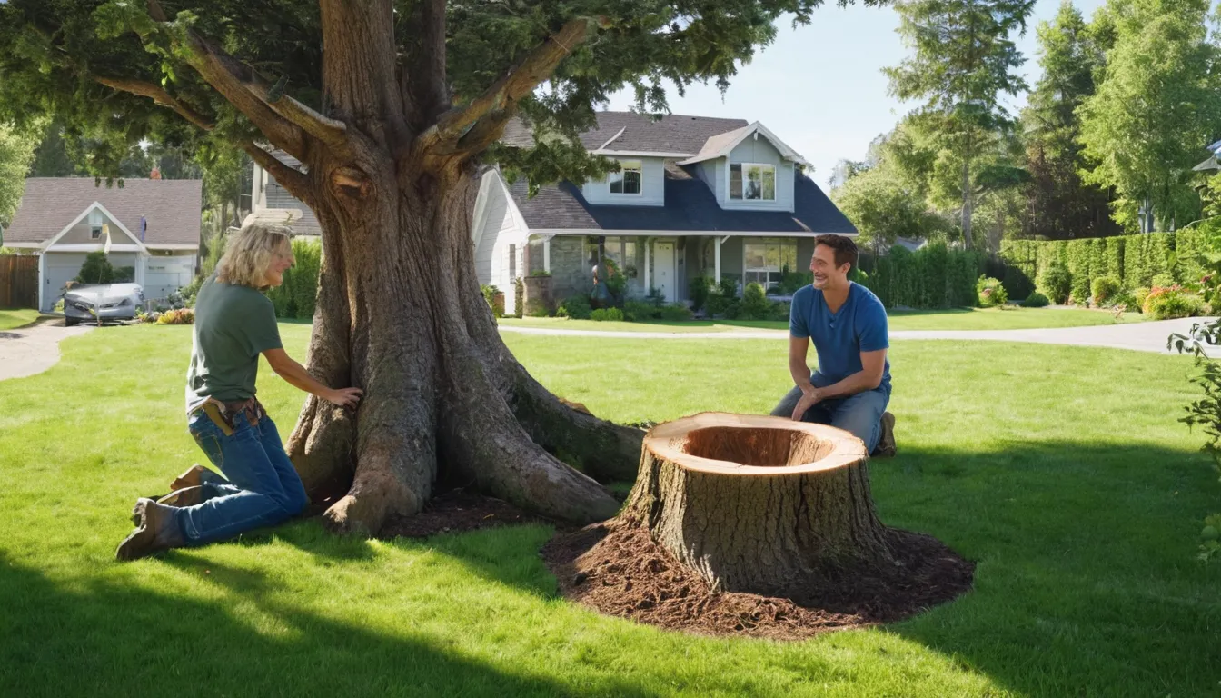 A tree provider reviewing a stump with a homeowner near Miami