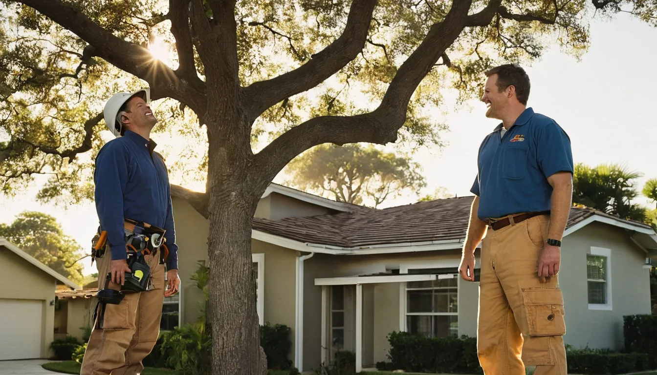A friendly homeowner talking with a tree provider in a sunny Miami backyard